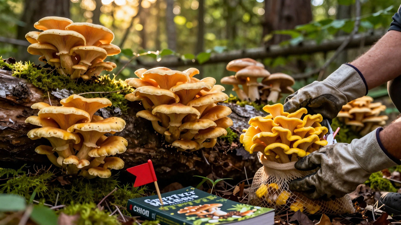 Pessoa colhendo cogumelos amarelos em floresta com luvas, ao lado de livro sobre cogumelos e bandeira vermelha.