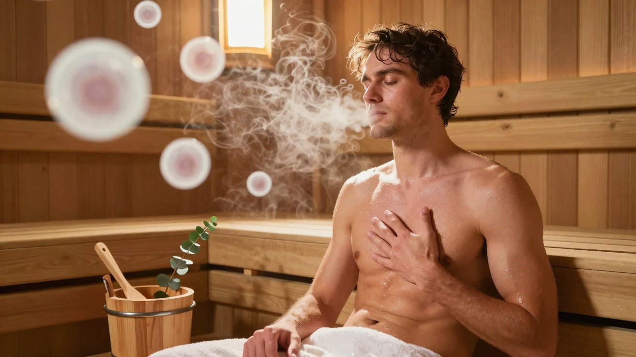 Homem relaxando em sauna de madeira com toalha branca, expirando vapor ao lado de balde com concha e folhas.