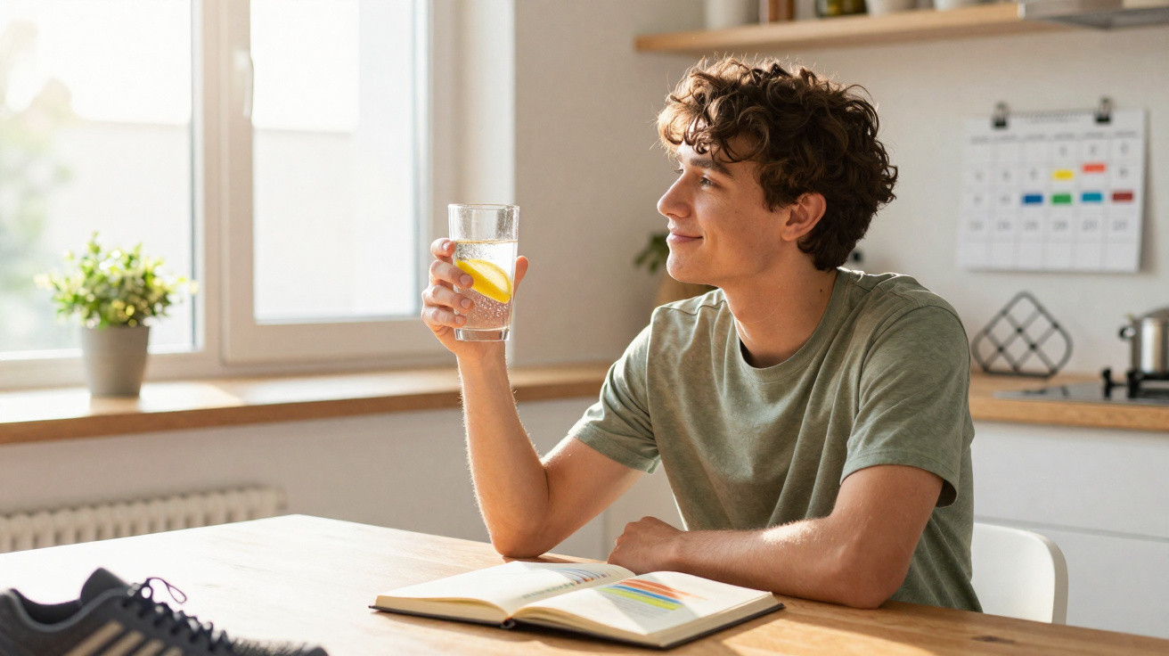 Jovem sentado à mesa com livro aberto, bebendo água com limão em copo transparente na cozinha iluminada.