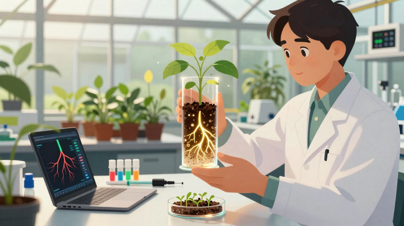 Cientista em laboratório observa planta com raízes iluminadas em vaso, ao lado de laptop com gráfico de raízes.