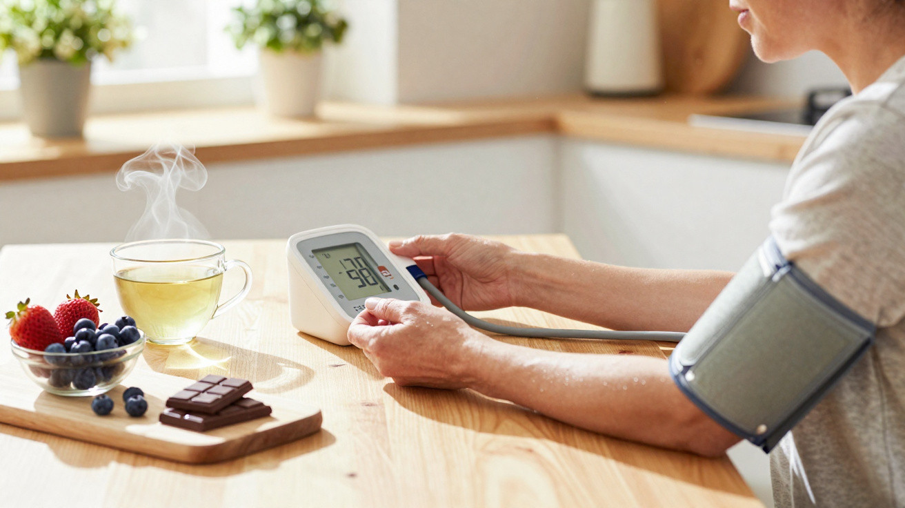 Pessoa medindo a pressão arterial em casa com aparelho digital, mesa com frutas, chocolate e chá quente.