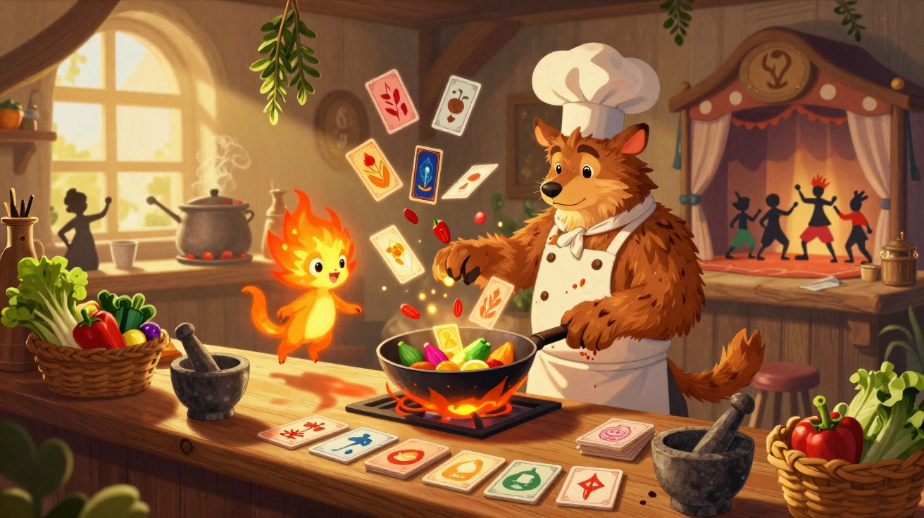 Lobo chef e criatura flamejante cozinham juntos com cartas mágicas em cozinha acolhedora e colorida.