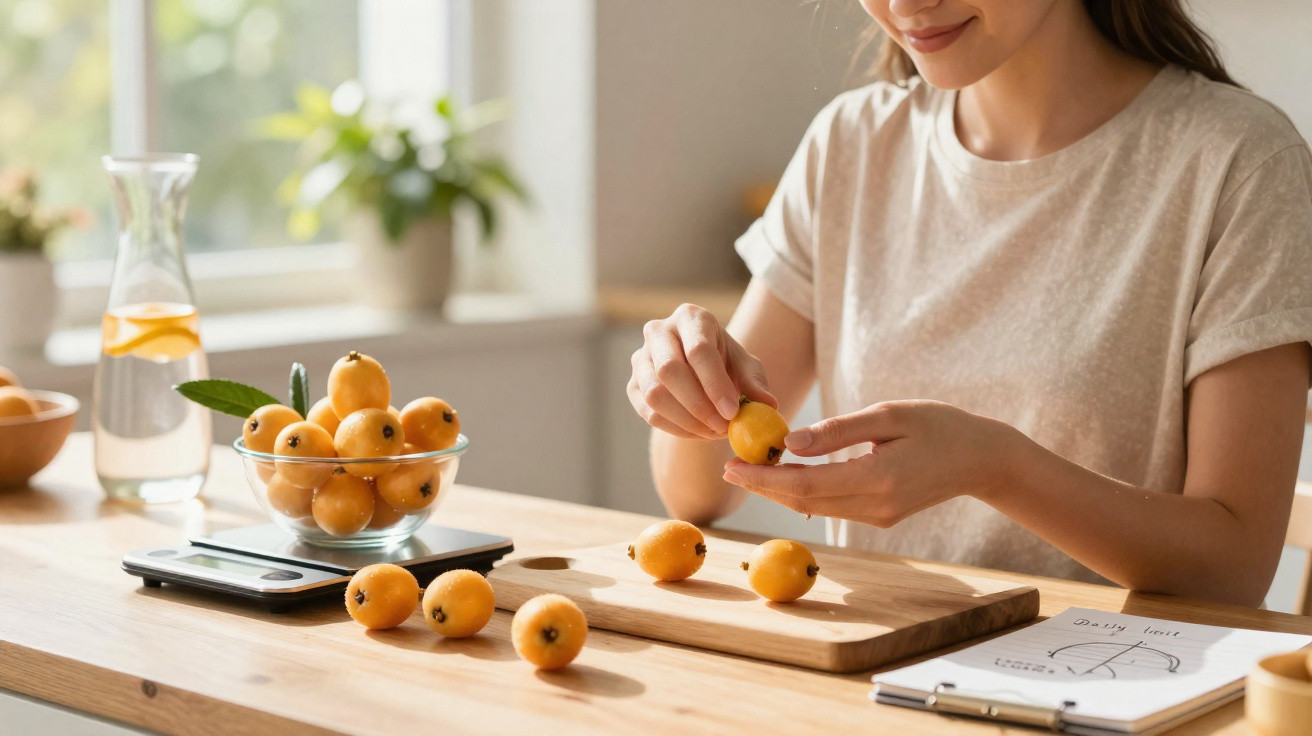 Mulher descascando frutas nêspera sobre bancada de cozinha com frutas e balança digital.
