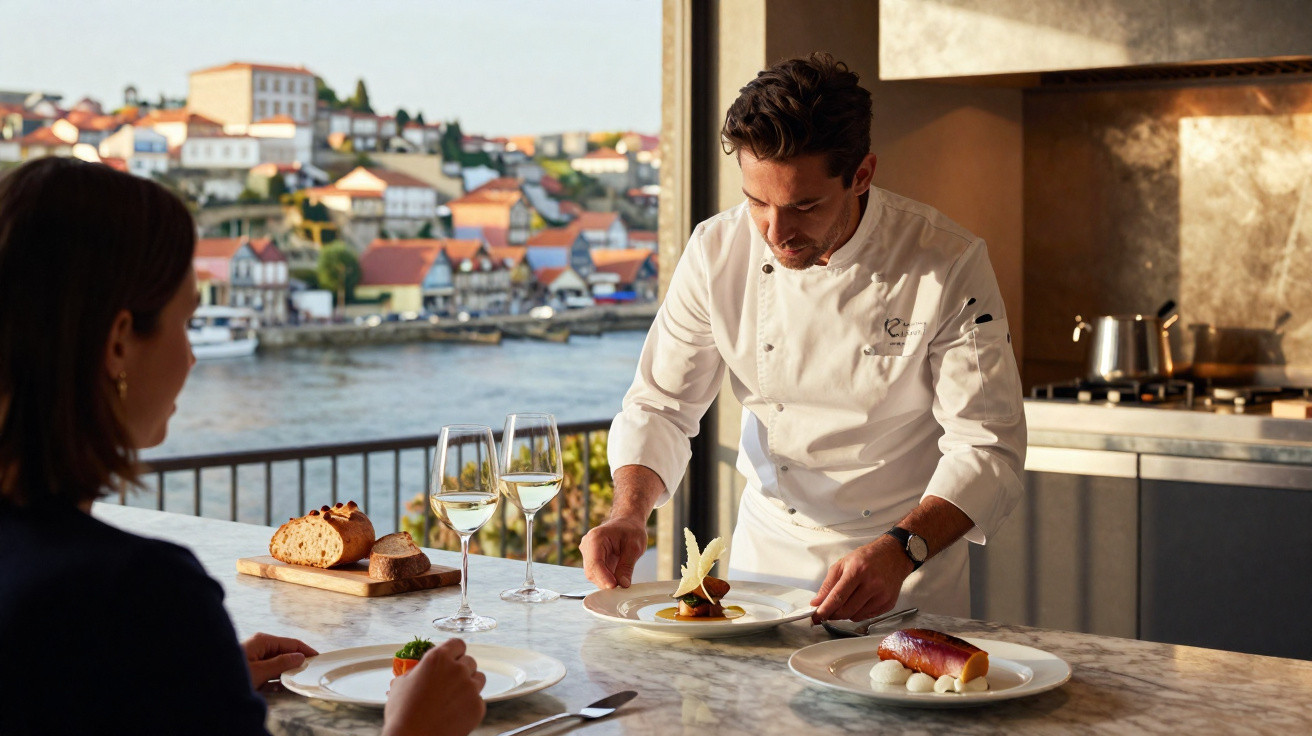 Chef servindo prato em restaurante à beira de rio, com mulher aguardando para comer.