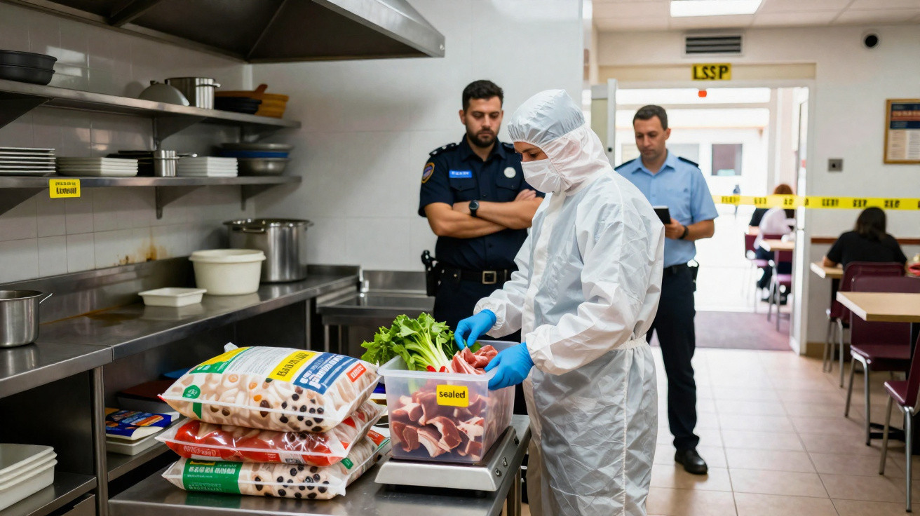 Profissional em traje de proteção inspecionando alimentos em cozinha com dois agentes ao fundo.