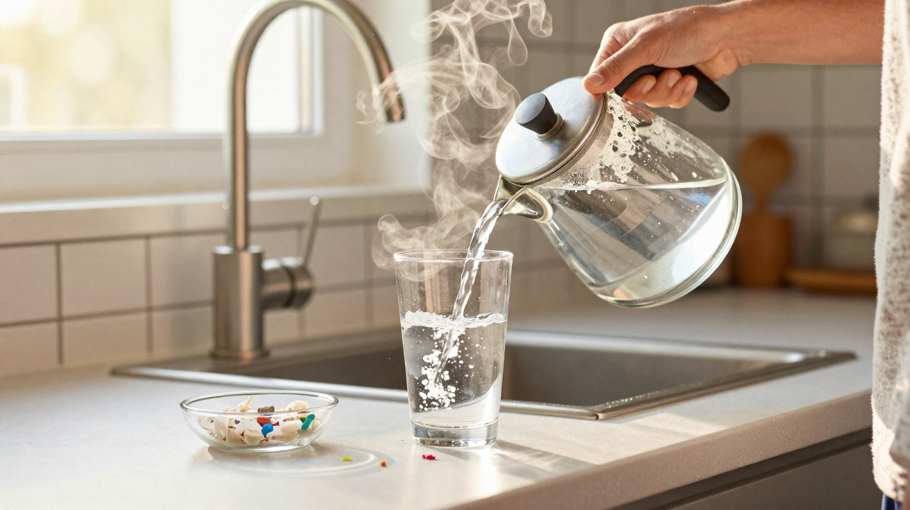 Pessoa despejando água quente em copo na pia da cozinha com recipiente de comprimidos ao lado