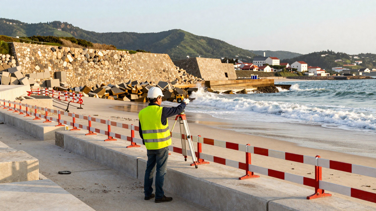 Engenheiro com colete e capacete realiza medição costeira em obra próxima ao mar com ondas e montanhas ao fundo.