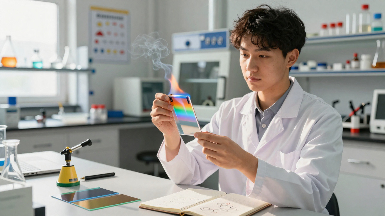 Homem cientista em bata segurando peça com chama em laboratório moderno com materiais e anotações.