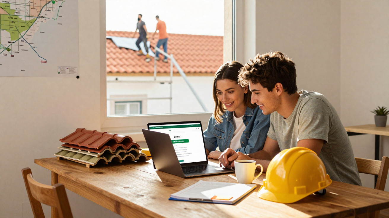 Casal consulta laptop em mesa com capacete e amostras de telhas, com dois trabalhadores no telhado ao fundo.