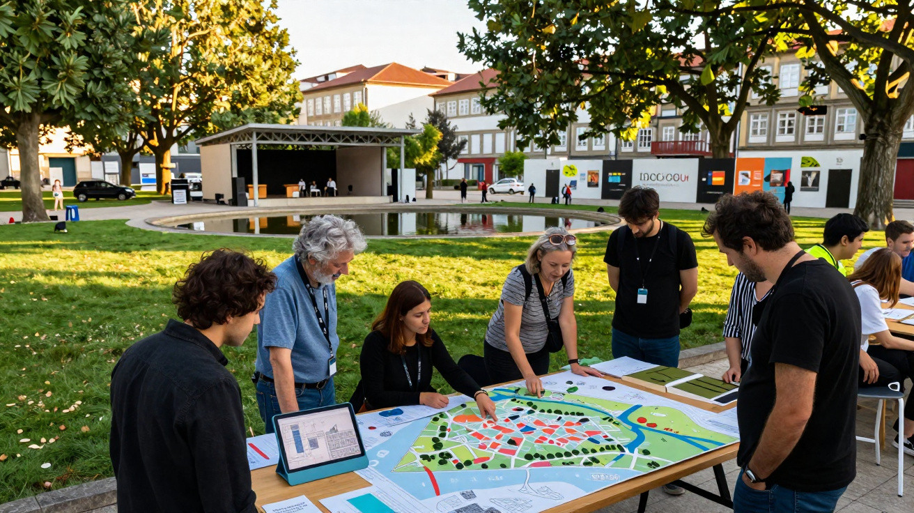Grupo de pessoas reunidas ao ar livre analisando mapa colorido em mesa durante o dia.