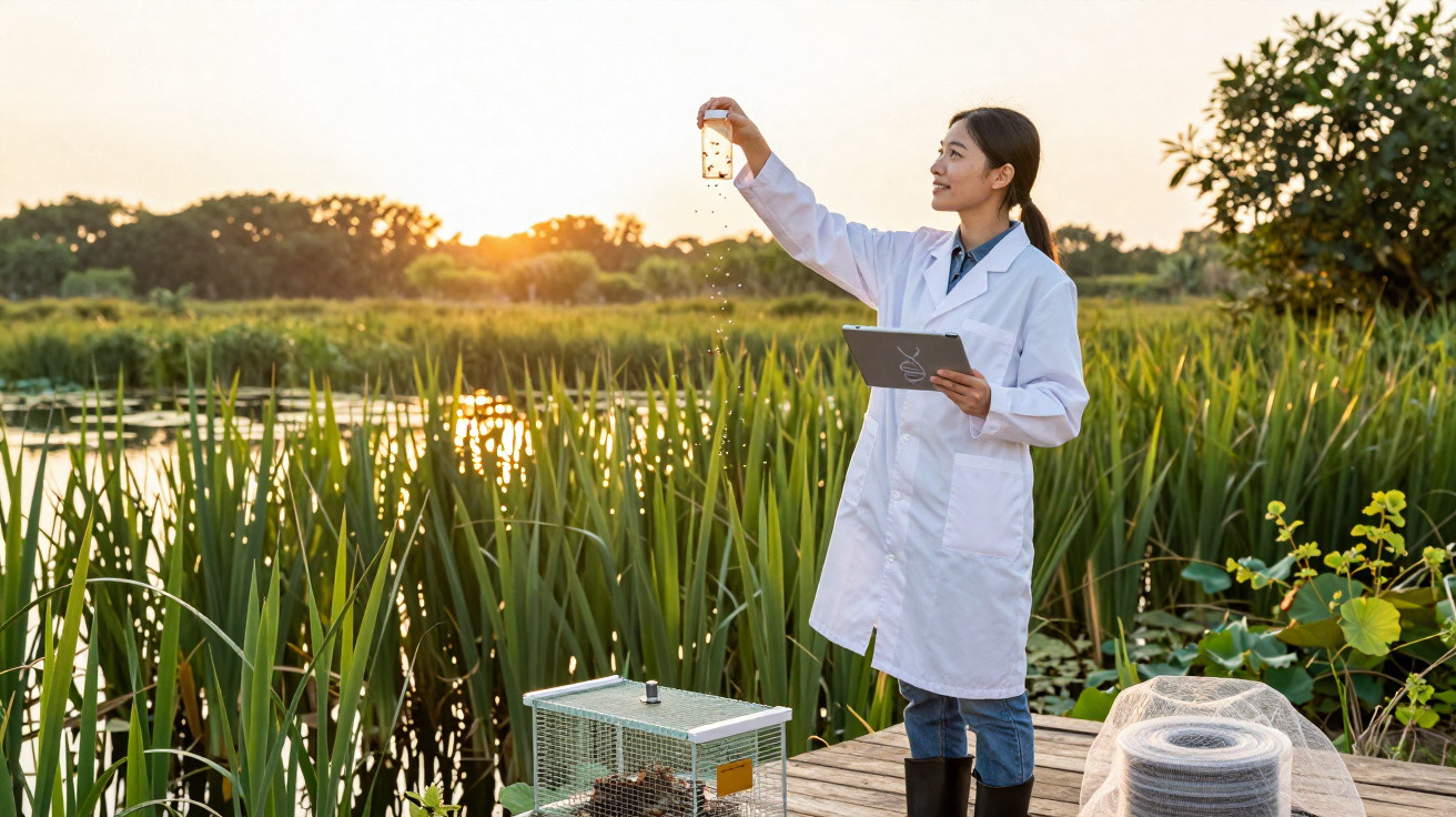 Cientista com jaleco segurando amostra de água em lagoa, com tablet em mãos, ao pôr do sol.