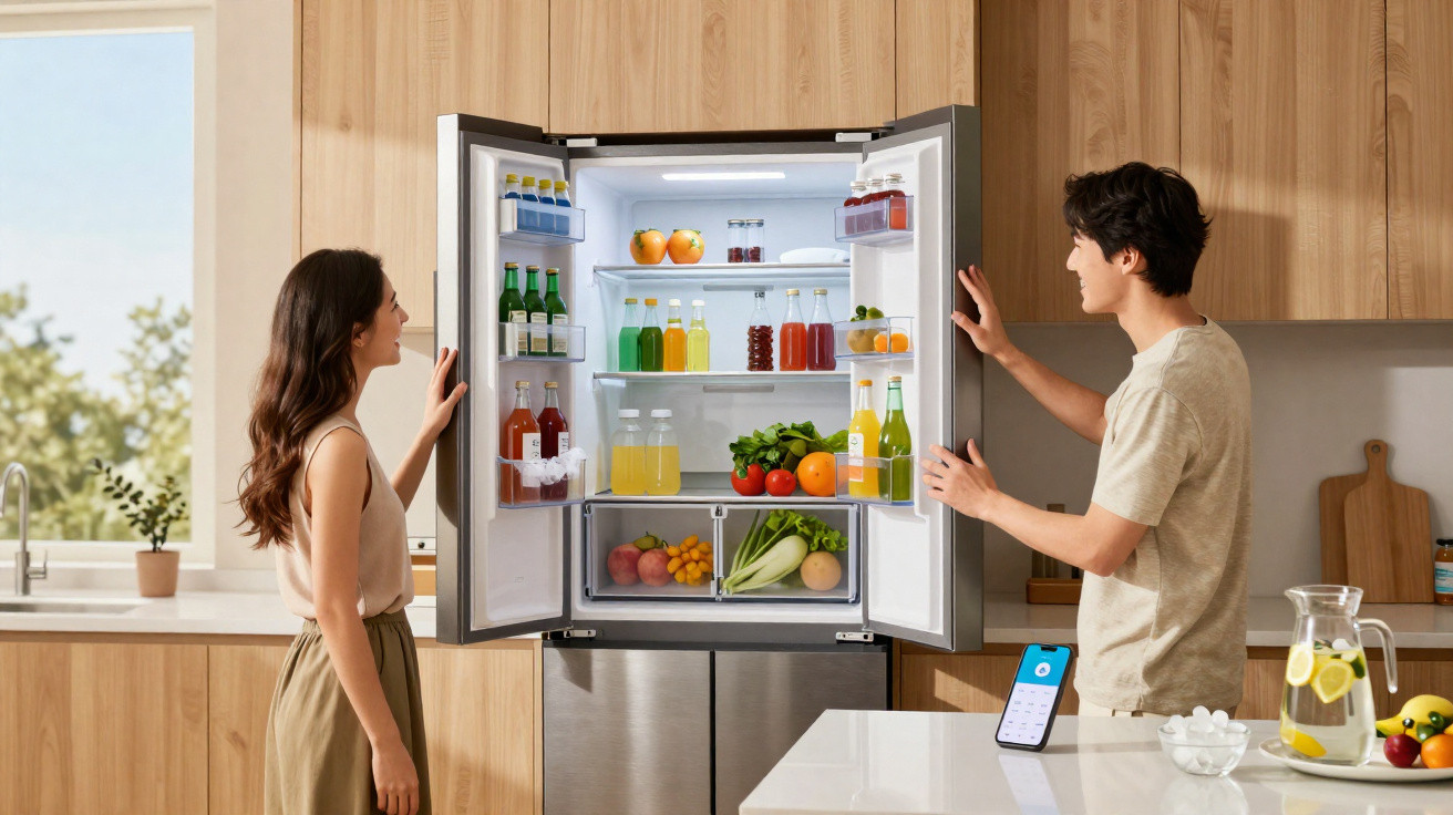 Homem e mulher observam geladeira aberta cheia de frutas, legumes e bebidas em cozinha moderna iluminada.