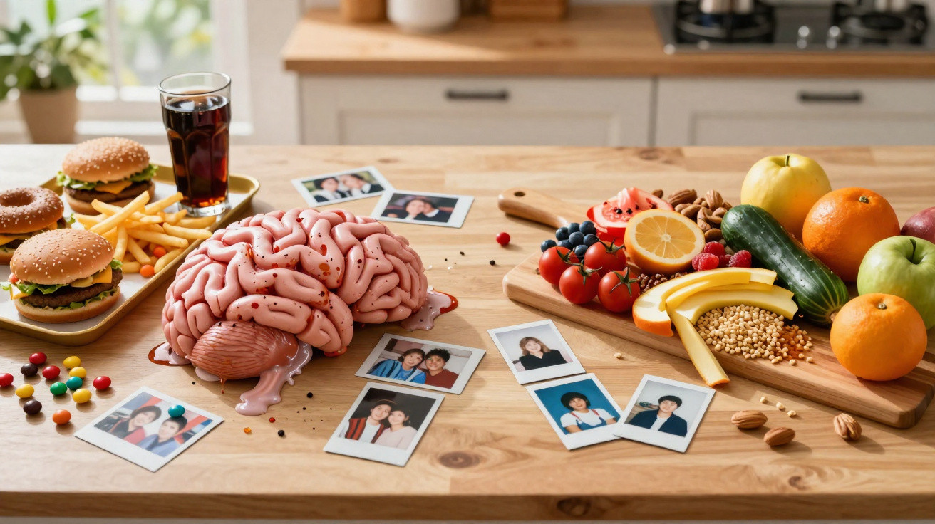 Mesa com cérebro de alimento, fotos de pessoas, fast food e frutas frescas lado a lado.