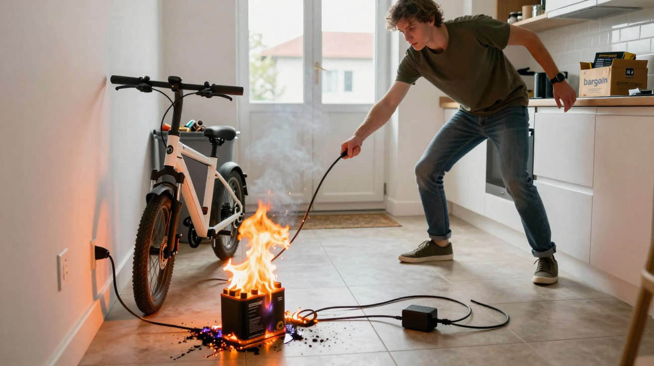 Homem tentando apagar fogo em carregador de bicicleta elétrica na cozinha de casa.