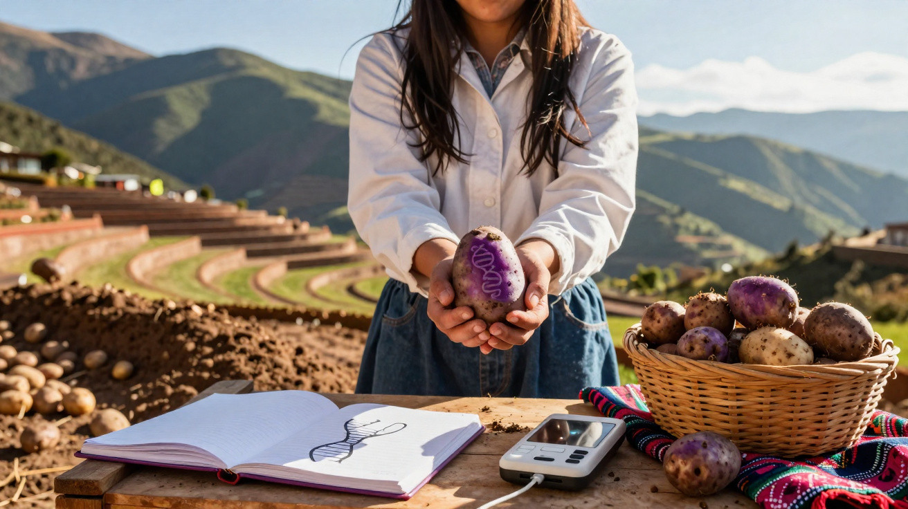 Pessoa segurando batata roxa com desenho de DNA, mesa com caderno e cesta de batatas, campo agrícola ao fundo.