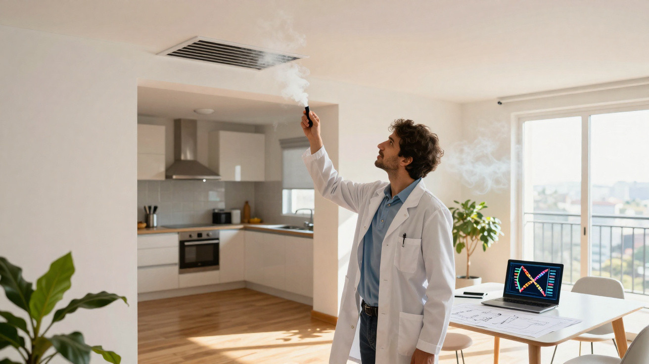 Homem com jaleco branco inspecionando saída de ar com fumaça em ambiente residencial moderno.