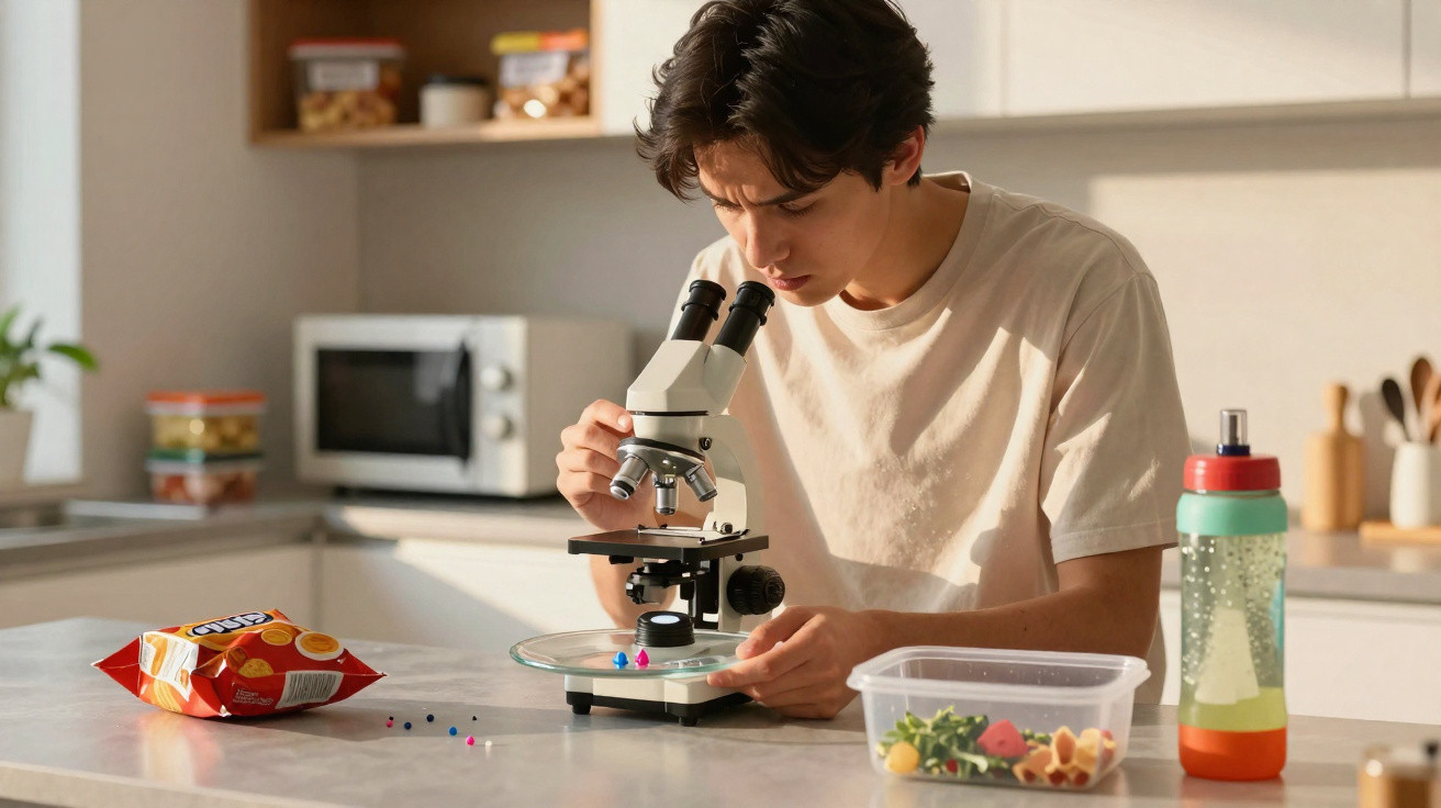 Jovem observa amostra em microscópio sobre bancada de cozinha clara com alimentos ao redor.