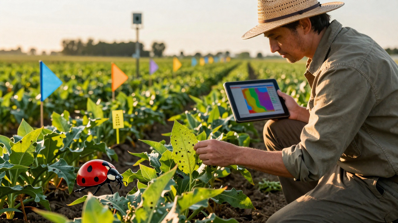 Agricultor com chapéu usa tablet para monitorar pragas em plantação com bandeiras coloridas ao fundo.
