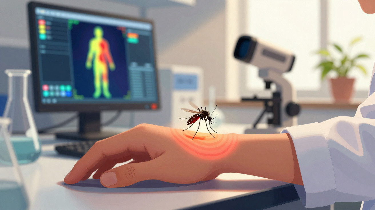 Mão com mosquito pousado causando vermelhidão, em ambiente de laboratório com computador e microscópio ao fundo.