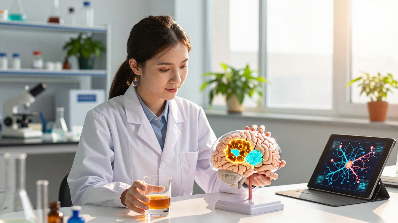Pesquisadora em laboratório segurando modelo de cérebro com áreas destacadas e tablet exibindo neurônios.