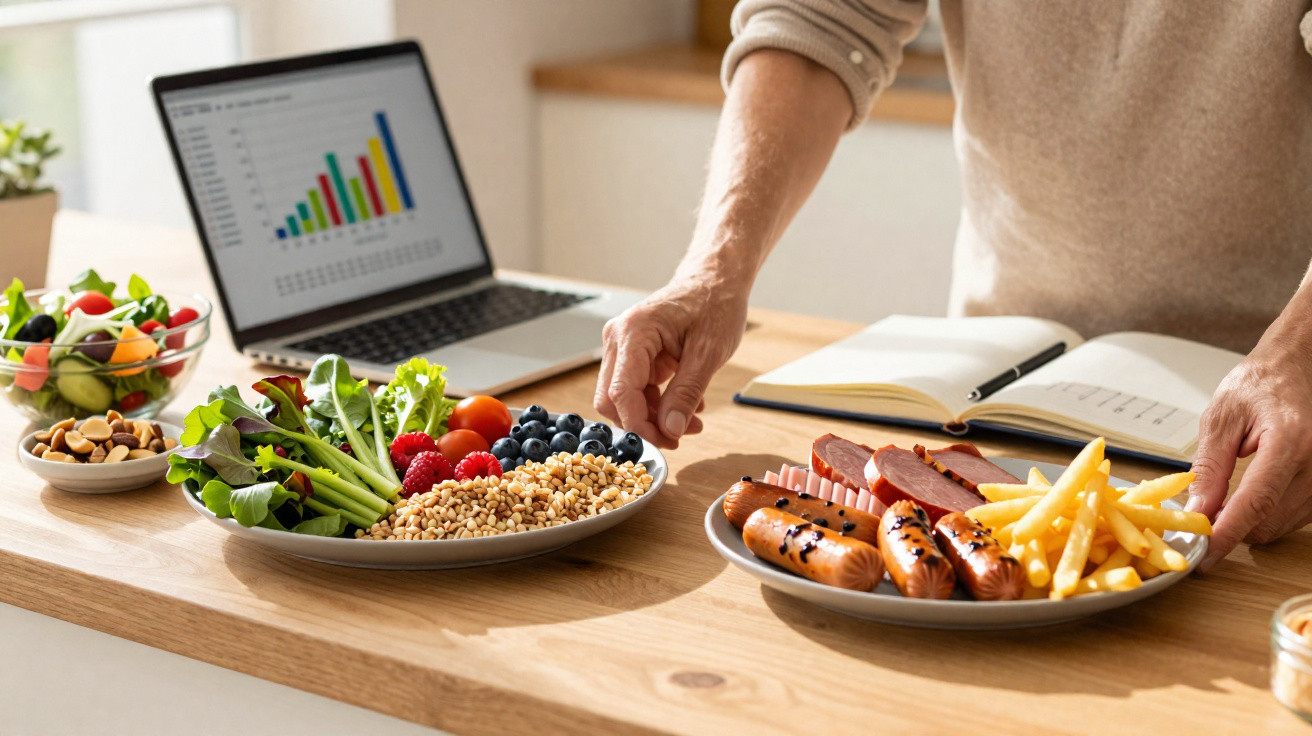 Pessoa equilibrando pratos com comida saudável e não saudável na mesa, com notebook aberto ao fundo.