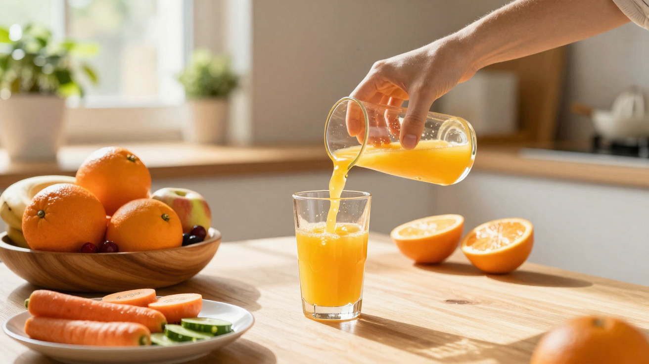 Mão servindo suco de laranja em copo, frutas e legumes em mesa de madeira em cozinha iluminada.