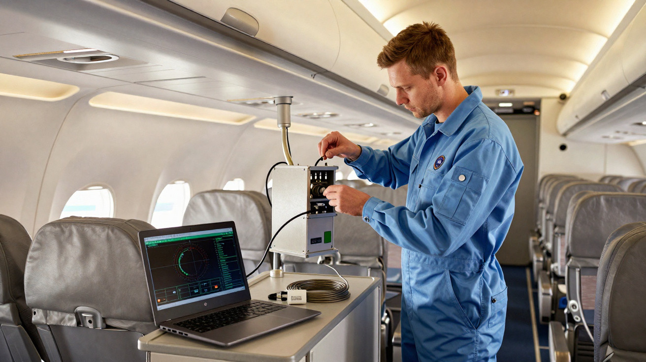 Técnico em macacão azul ajusta equipamento eletrônico dentro de avião com notebook aberto perto.