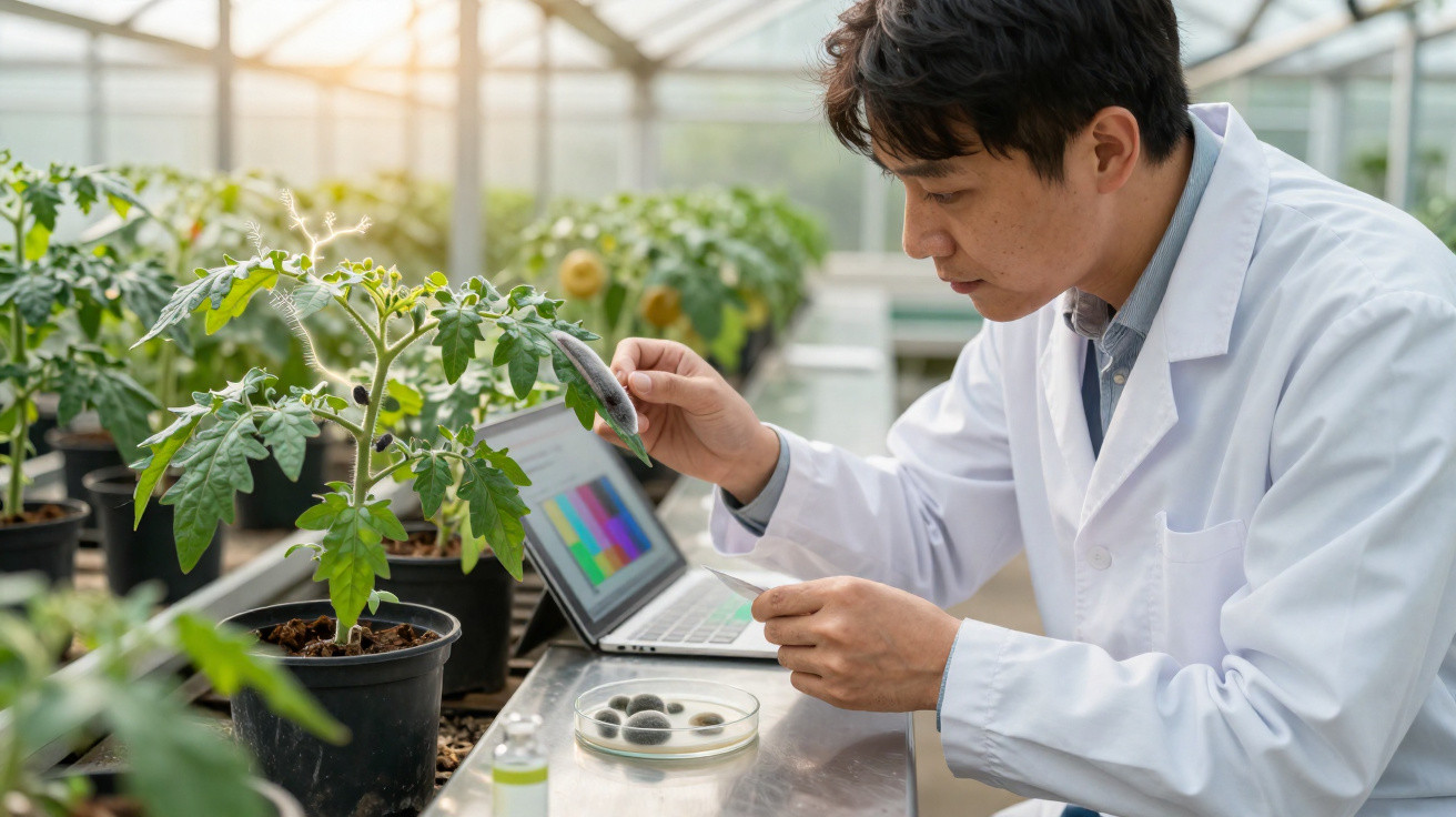 Cientista analisando planta de tomate em estufa com equipamentos de laboratório ao lado.