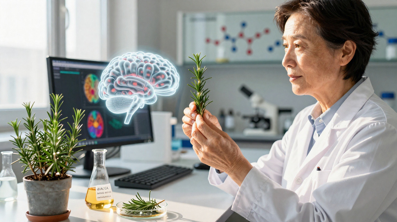 Cientista analisa planta em laboratório com imagens de cérebro e equipamentos científicos ao fundo.