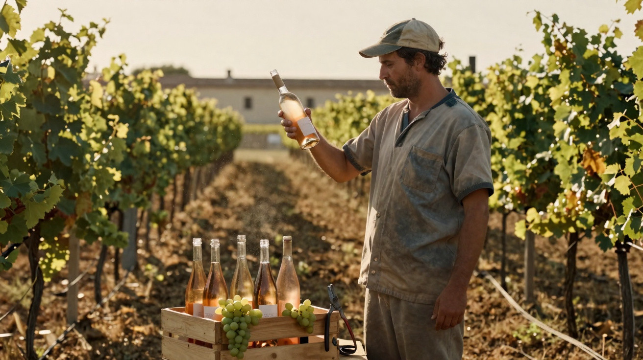 Homem em vinhedo segurando garrafa de vinho rosé ao lado de caixa com mais garrafas e cachos de uvas.