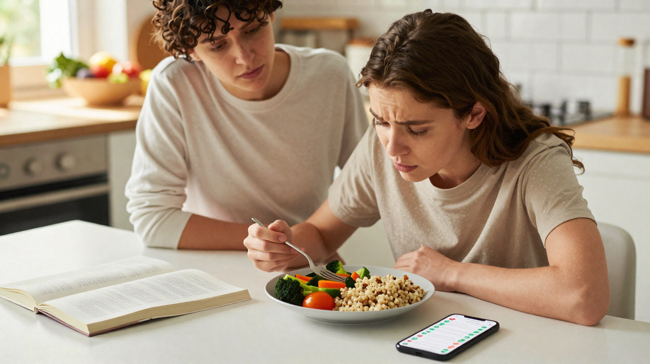 Duas pessoas na cozinha, uma preocupa-se enquanto a outra observa, com prato de comida saudável e celular na mesa.