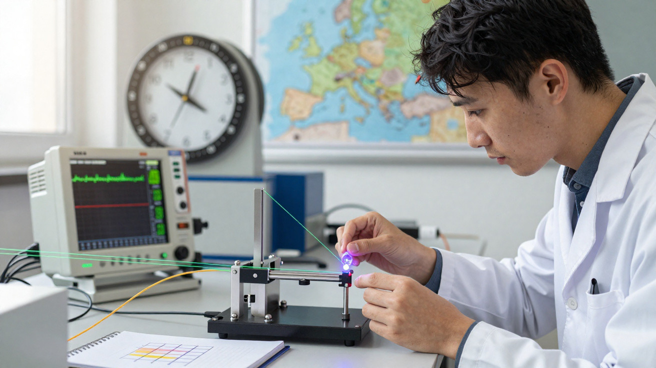 Jovem cientista em jaleco ajusta feixe laser em equipamento de laboratório com monitor e mapa ao fundo.