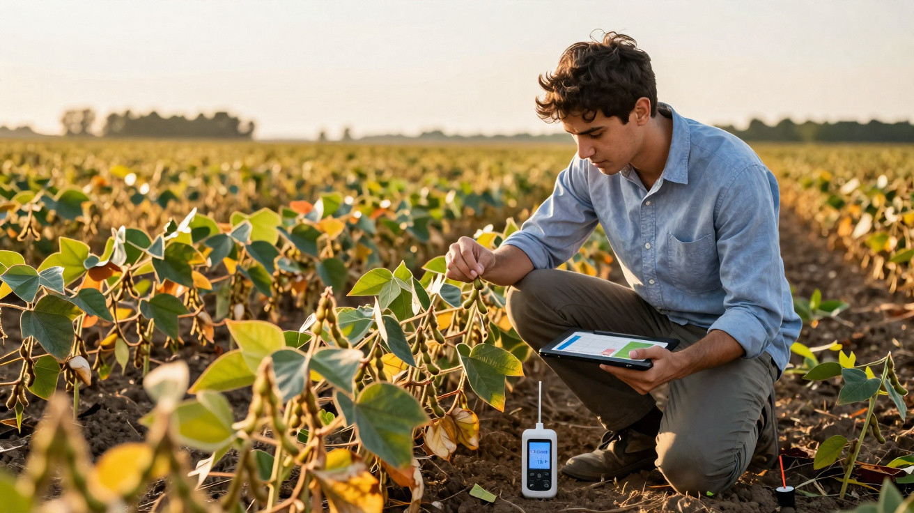 Jovem agricultor inspeciona plantações com tablet e equipamento de medição em campo ao pôr do sol.