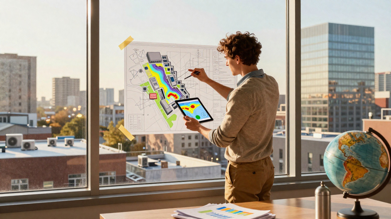 Jovem analisa planta de projeto urbano com mapa térmico e tablet em escritório com vista para a cidade.