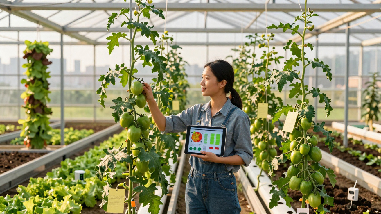 Mulher em estufa analisando plantas enquanto segura tablet com dados agrícolas digitais.