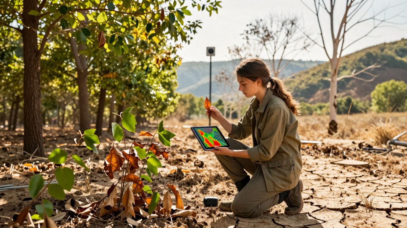 Mulher analisando folhas secas e usando tablet com mapa térmico em área seca e árida.