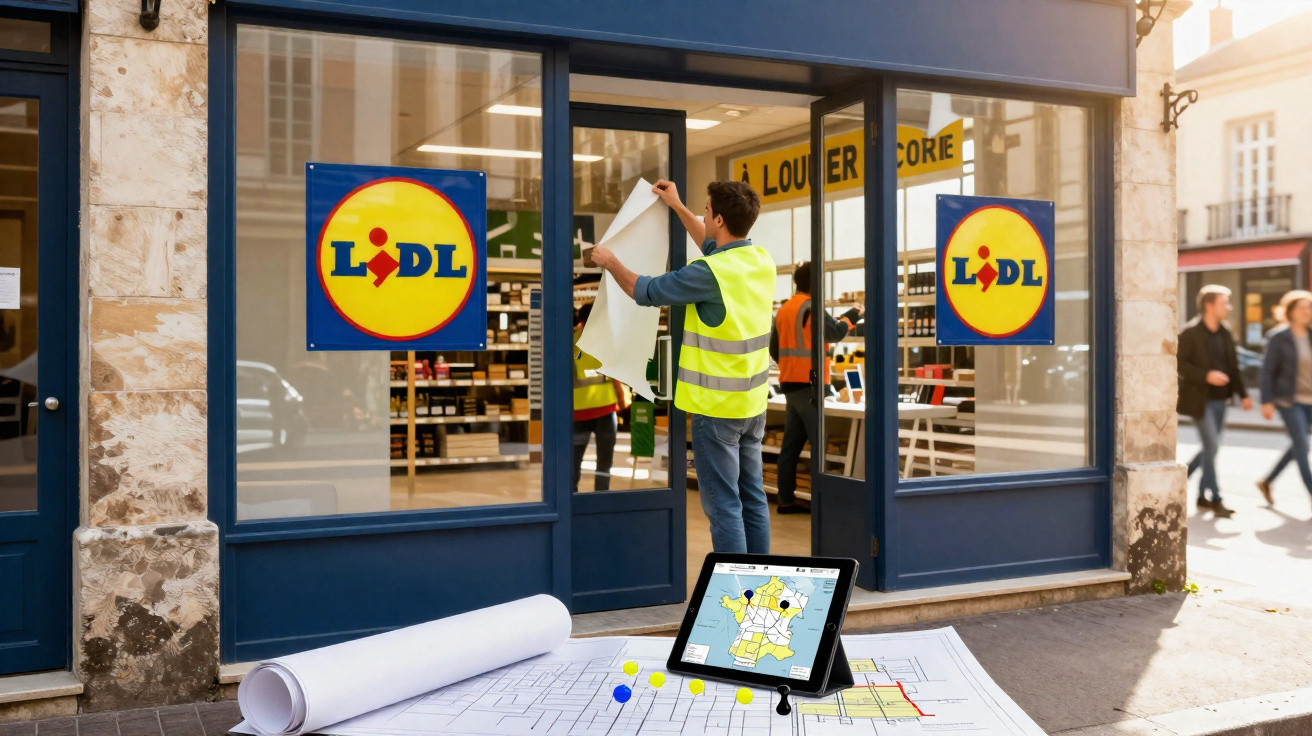 Homem com colete refletivo instalando cartaz na porta de vidro de loja Lidl em rua movimentada.