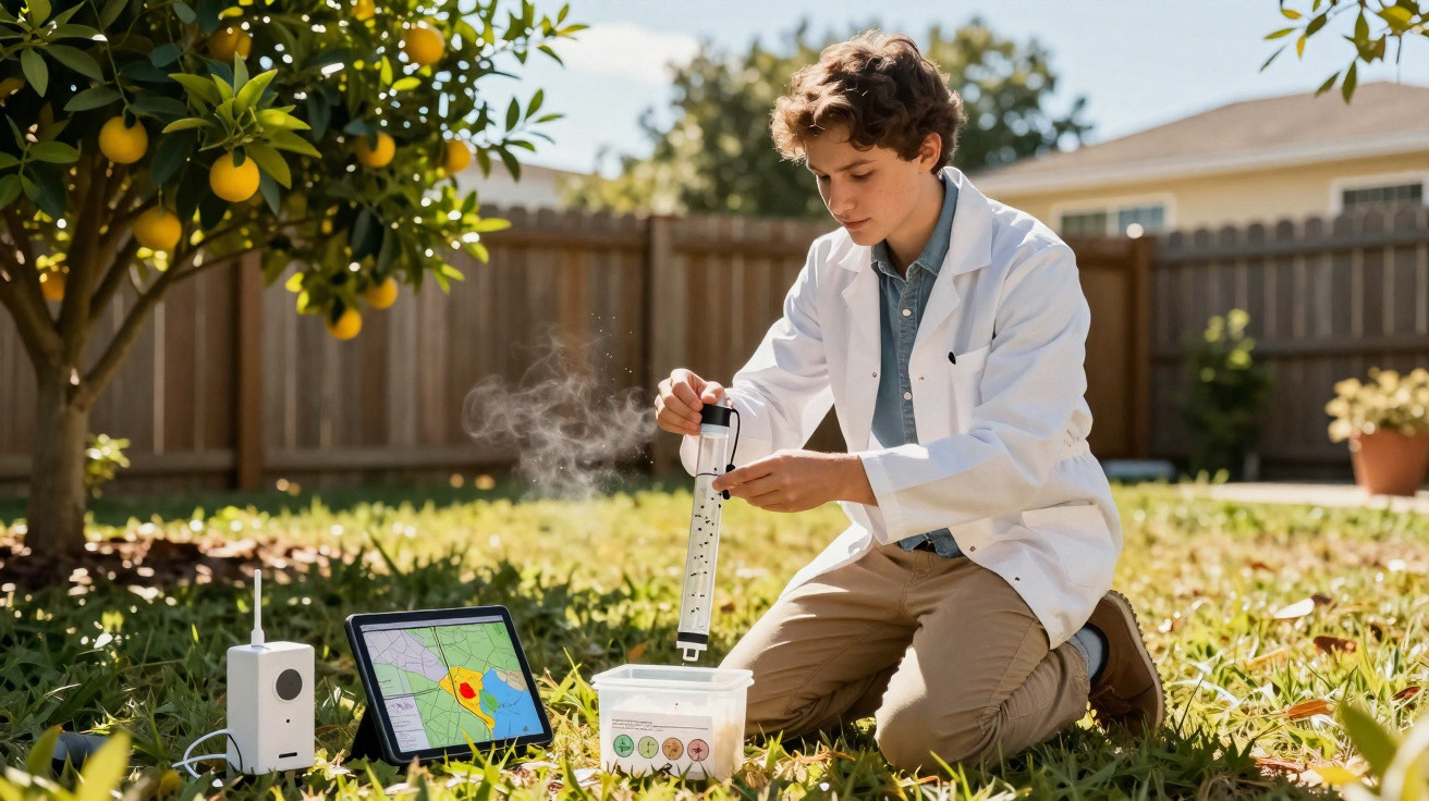 Jovem cientista coleta amostra de ar em jardim, com equipamentos e tablet mostrando dados ambientais.