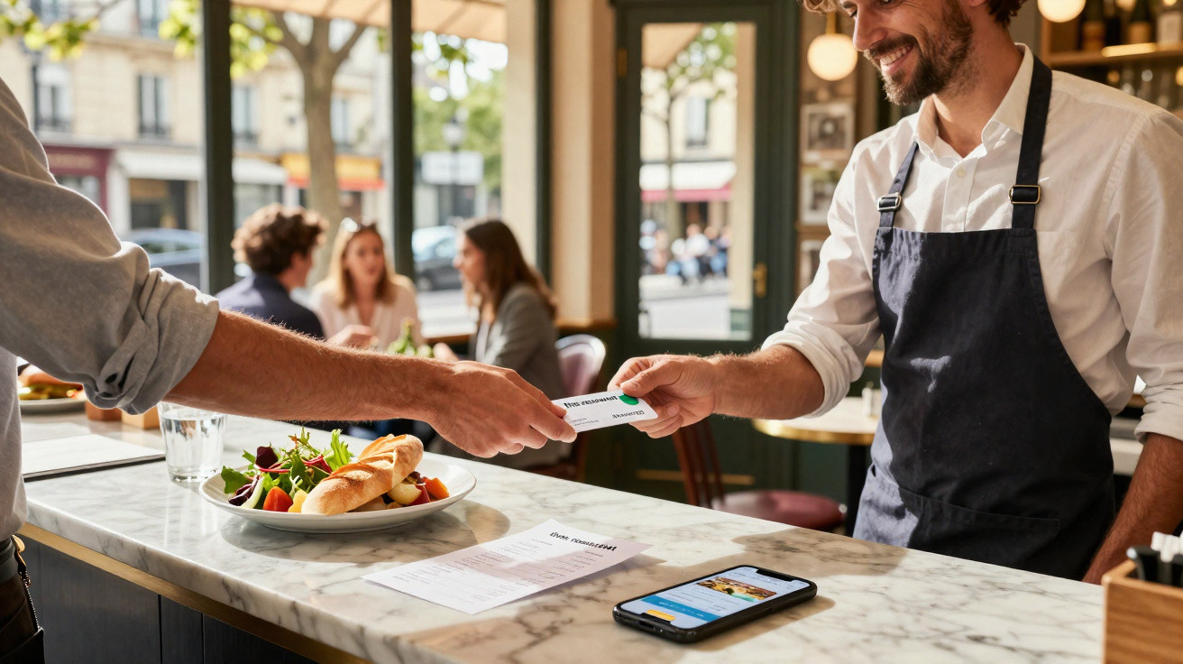 Garçom recebendo cartão de pagamento na mesa do restaurante com prato e celular à frente.