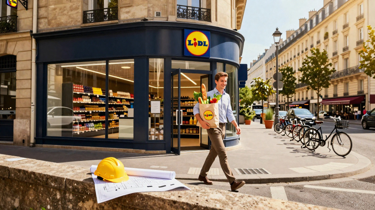 Homem saindo de supermercado Lidl com sacola de supermercado cheia de alimentos na cidade.
