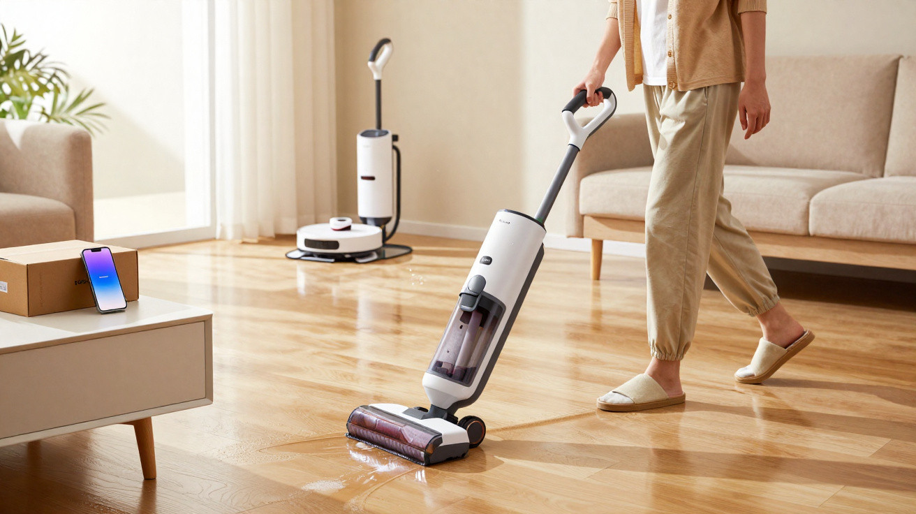 Pessoa usando aspirador de pó vertical para limpar líquido no chão de sala com sofá e robô aspirador ao fundo.