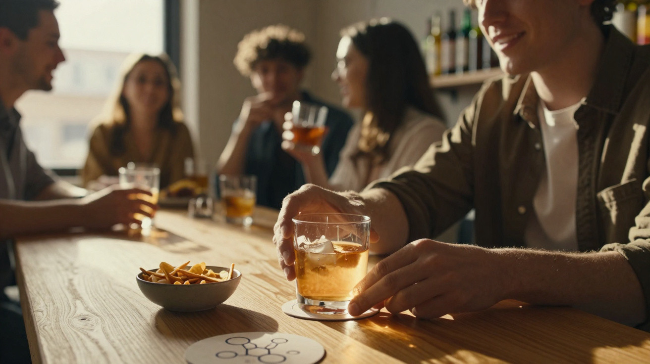 Grupo de amigos conversando e bebendo whisky em copos sobre mesa de madeira clara.