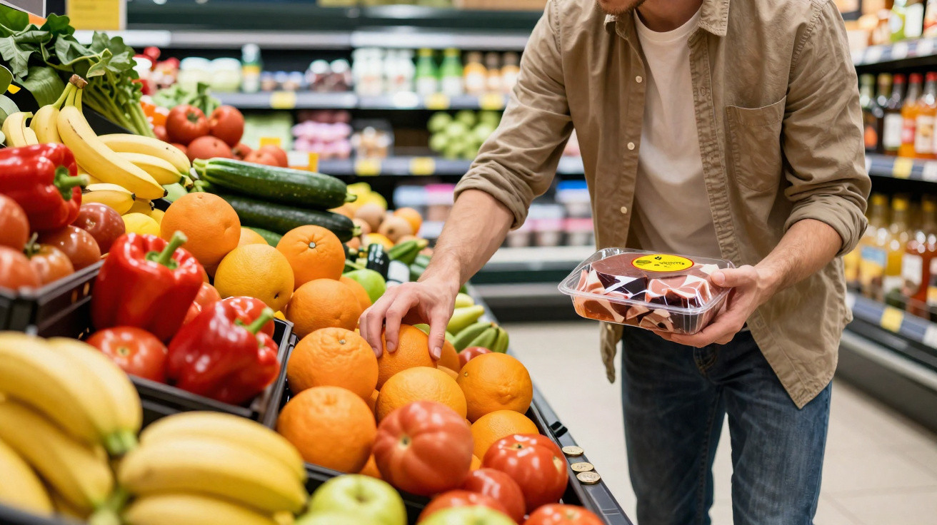 Homem escolhendo frutas frescas na seção de hortifrúti de supermercado.