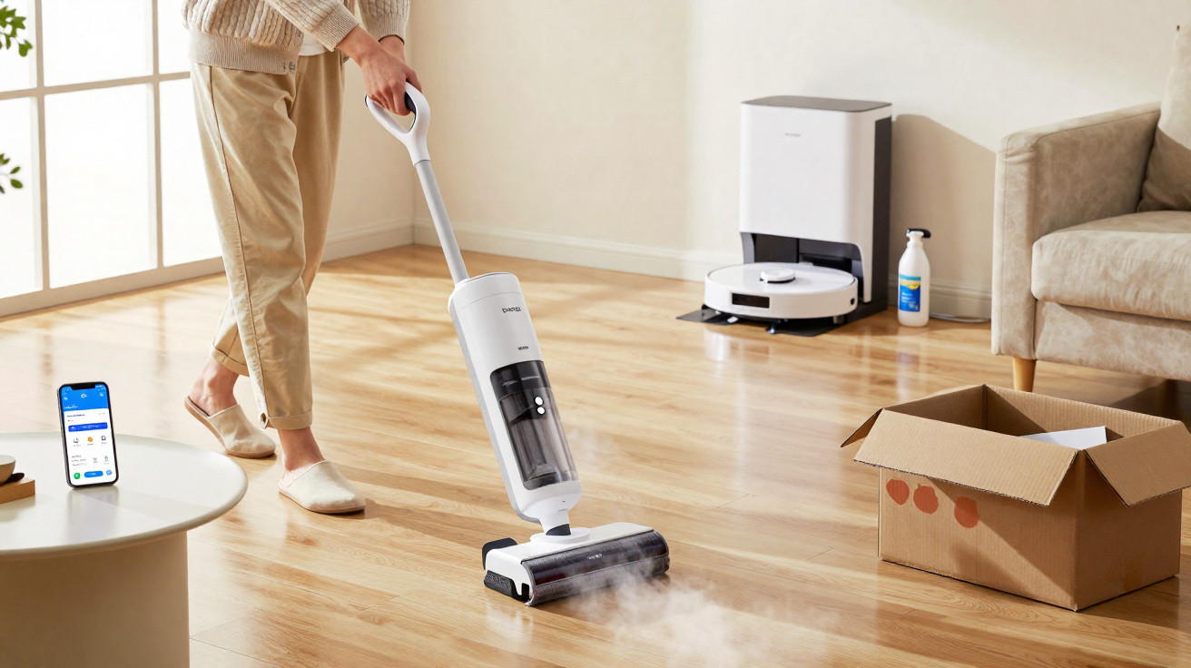 Pessoa limpando chão de madeira clara com aspirador a vapor branco em sala iluminada.