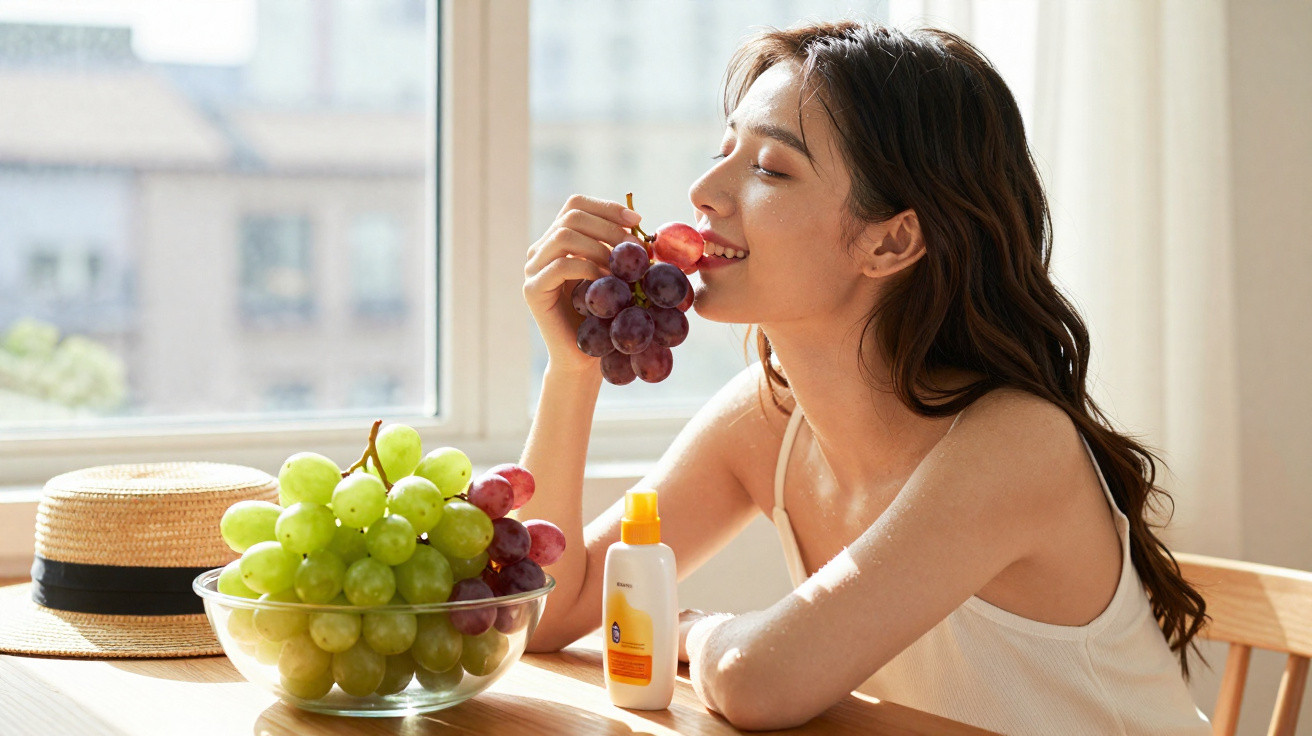 Mulher sorrindo segurando uvas roxas perto de uma tigela com uvas verdes e roxas em mesa iluminada.
