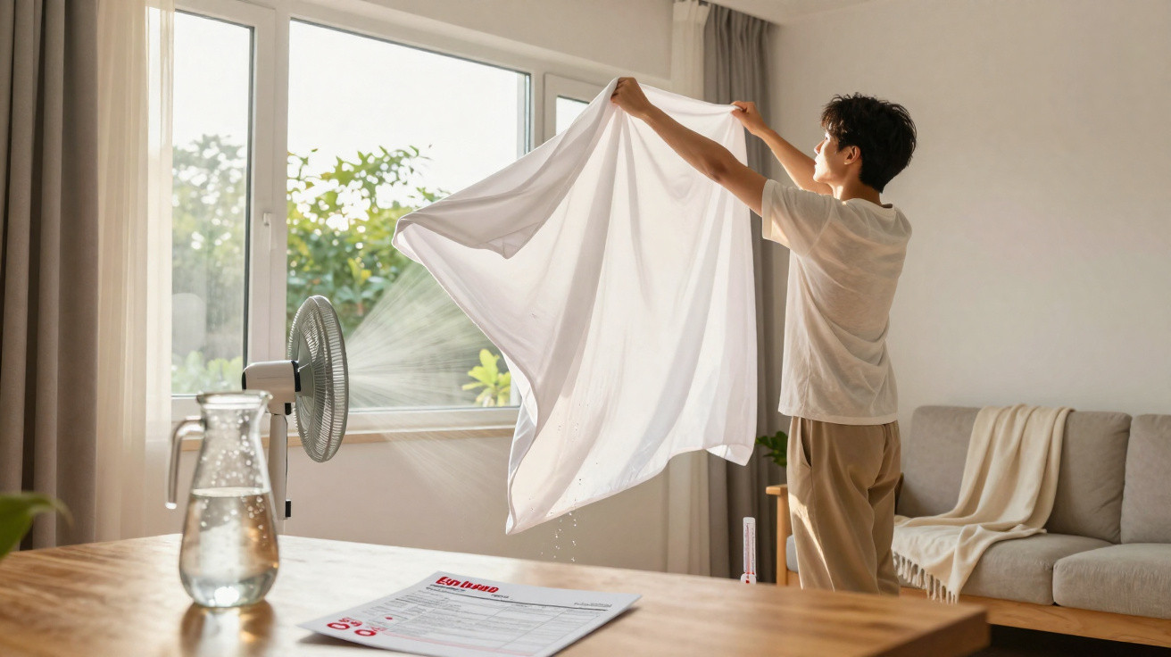 Pessoa estendendo roupa branca para secar com ventilador ligado em sala clara.