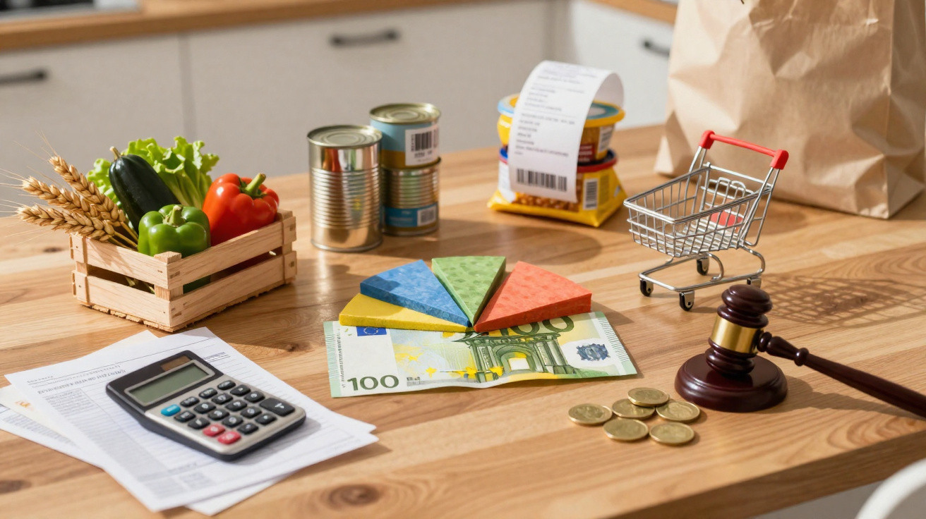 Mesa com alimentos, calculadora, moedas, notas, gráfico, carrinho de compras e martelo de juiz.