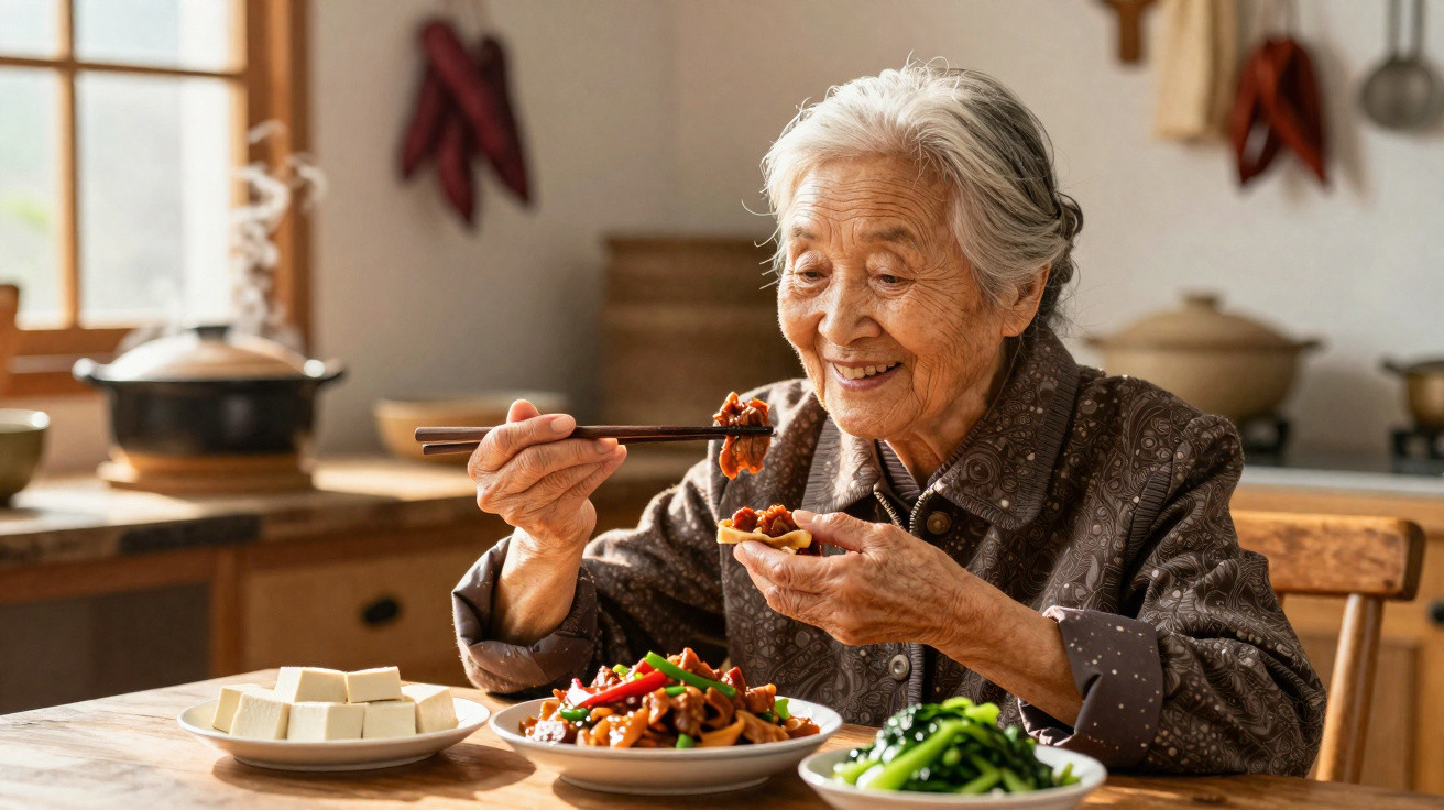 Idosa asiática sorrindo enquanto come comida tradicional com hashis em cozinha aconchegante.