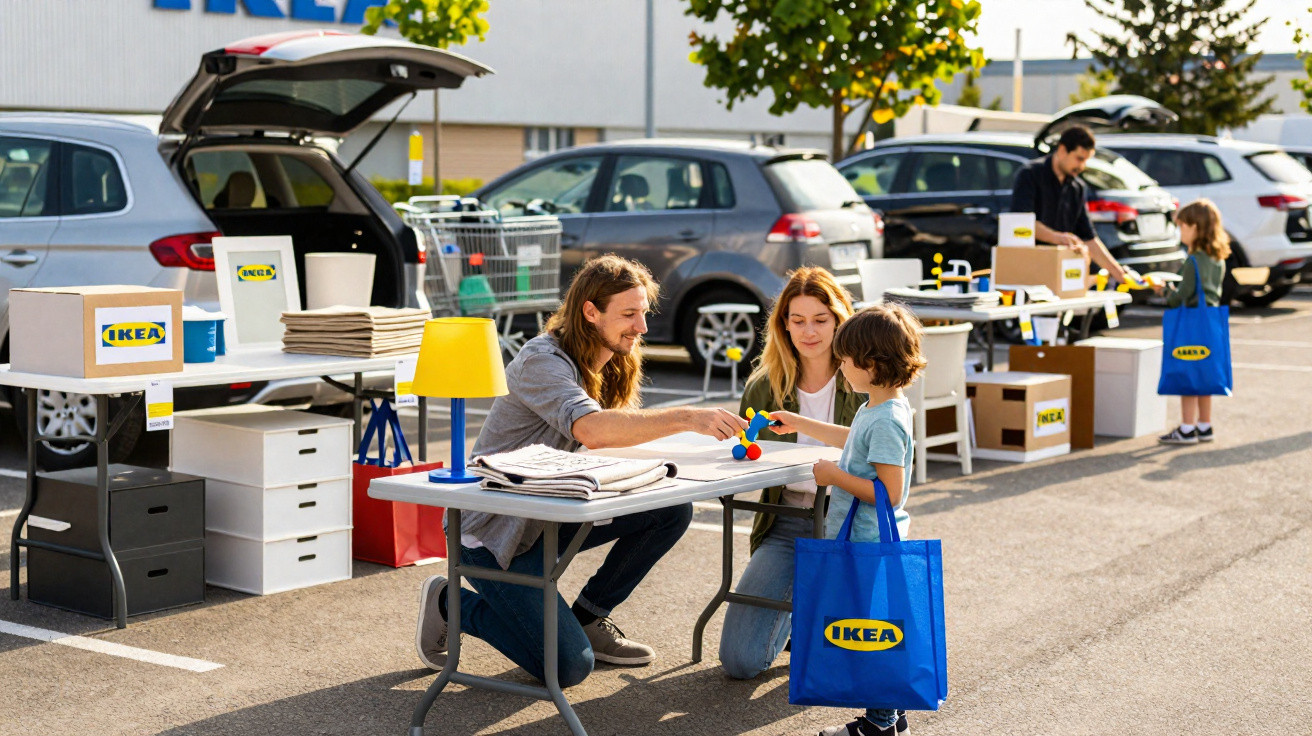 Família interagindo em estreita colaboração em mesas externas em estacionamento da IKEA com sacolas azuis.