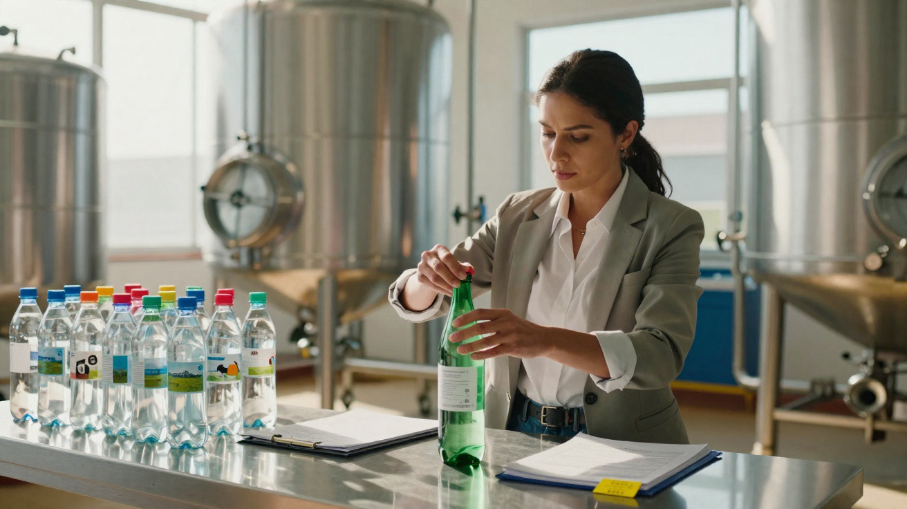 Mulher analisando garrafa de água em fábrica com várias garrafas e tanques industriais ao fundo.